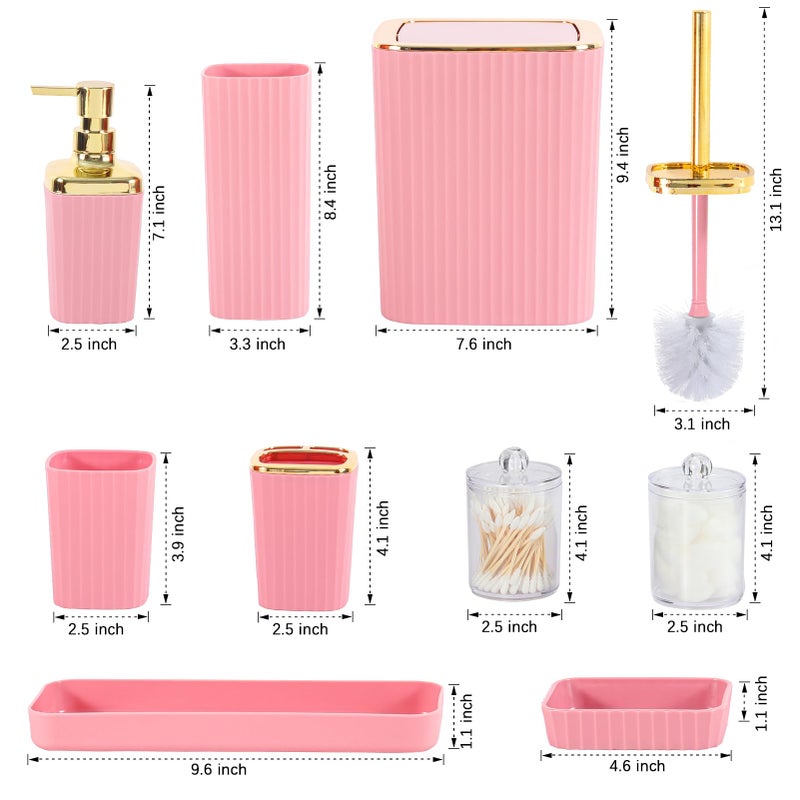 Viowil Pink Bathroom Set, 23 PCS Pink Bathroom Accessories Set with Shower Curtains, Trash Can, Toothbrush Holder, Soap Dispensers, Toothbrush Cup, Vanity Tray, Soap Dish, Toilet Brush, Qtip Holders - Image 2